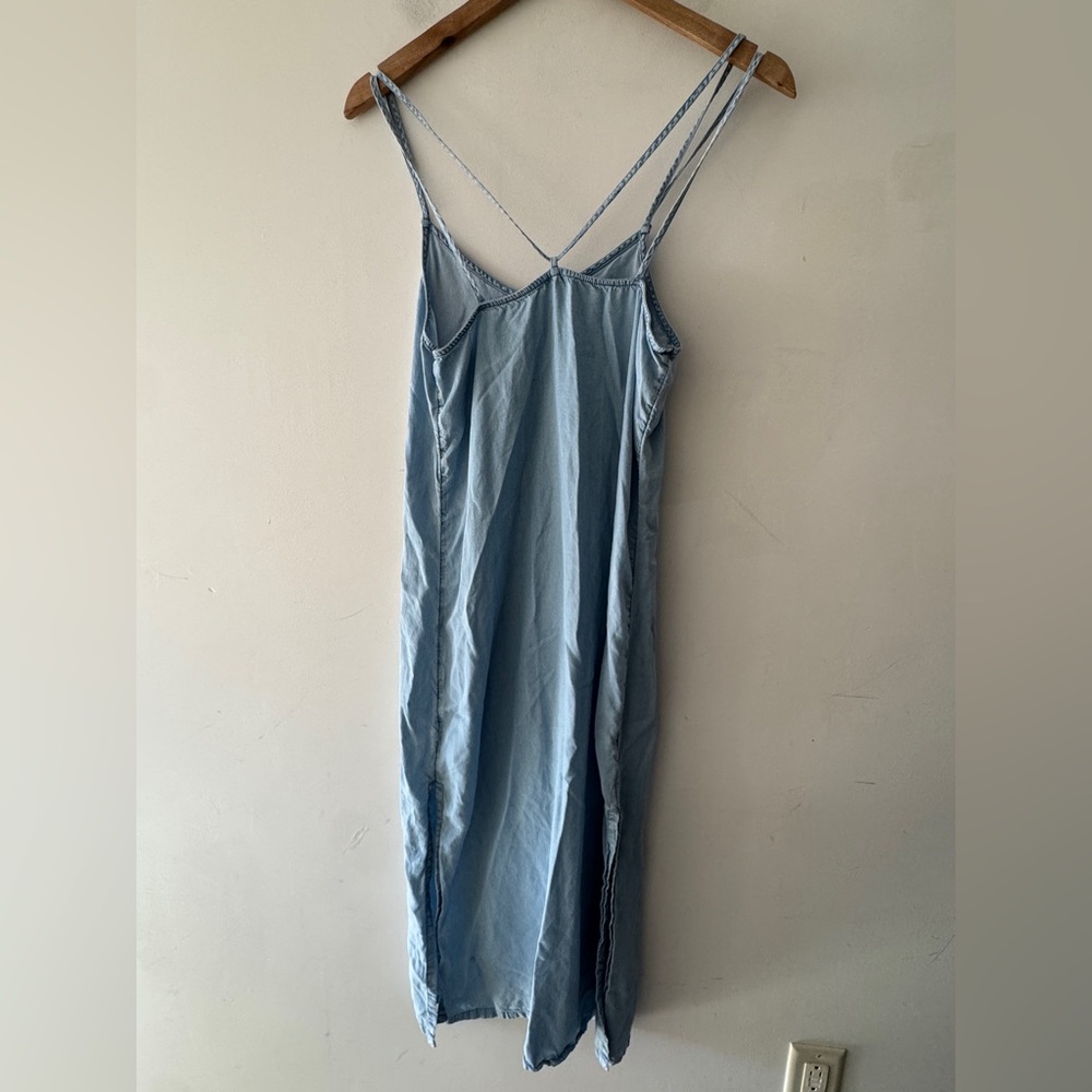 Aerie Women's Chambray Spaghetti Straps Midi Slip Dress Side Slits - Picture 5 of 7